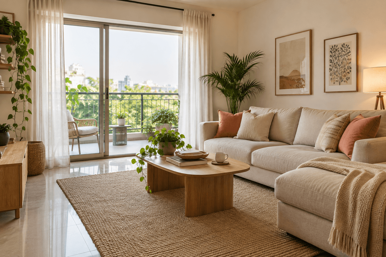 A sunlit home with a soft sofa, leafy plants, and a welcoming place to unwind